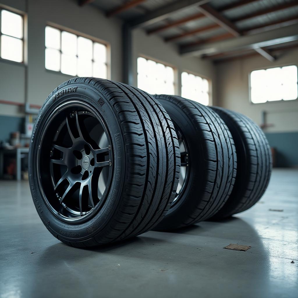 Five top-rated all-season tires displayed side by side on a dark studio backdrop, highlighting different tread patterns from leading manufacturers