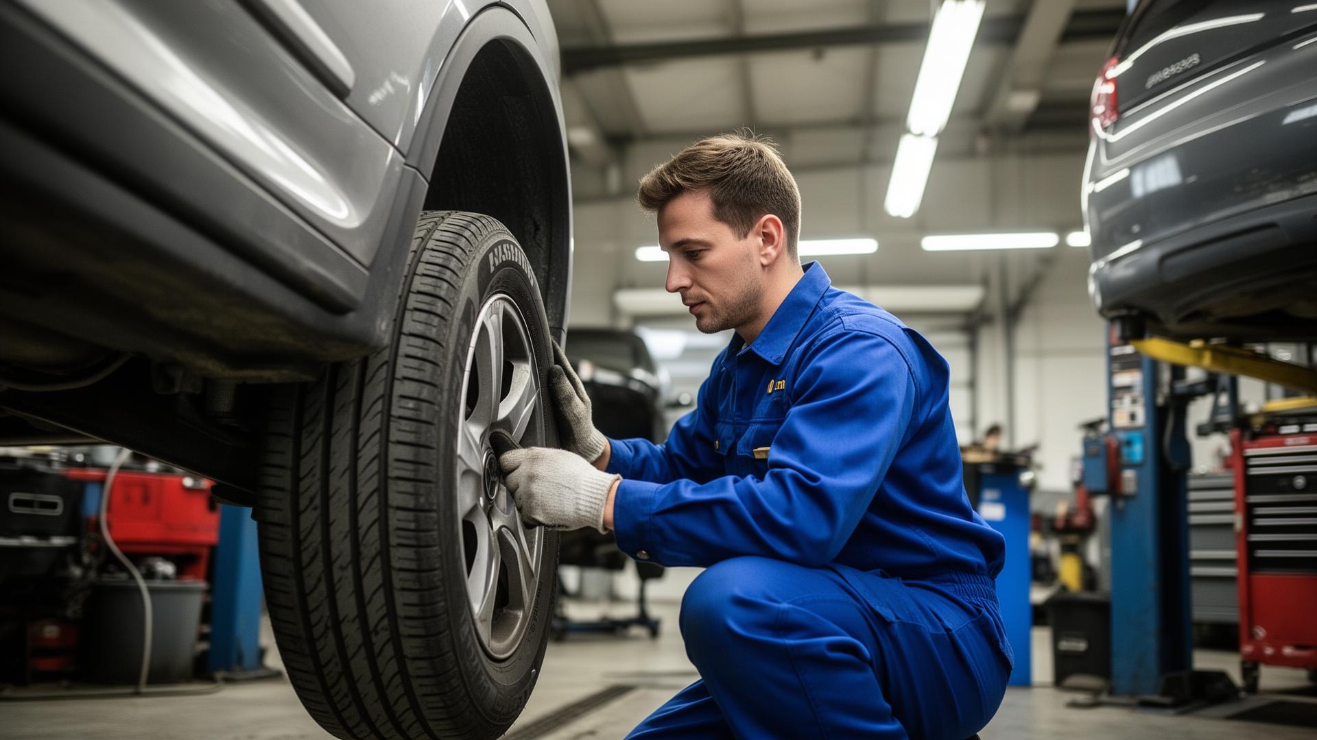 Close-up of a high-performance tire tread on dark asphalt showing detailed groove patterns and wet-weather channels