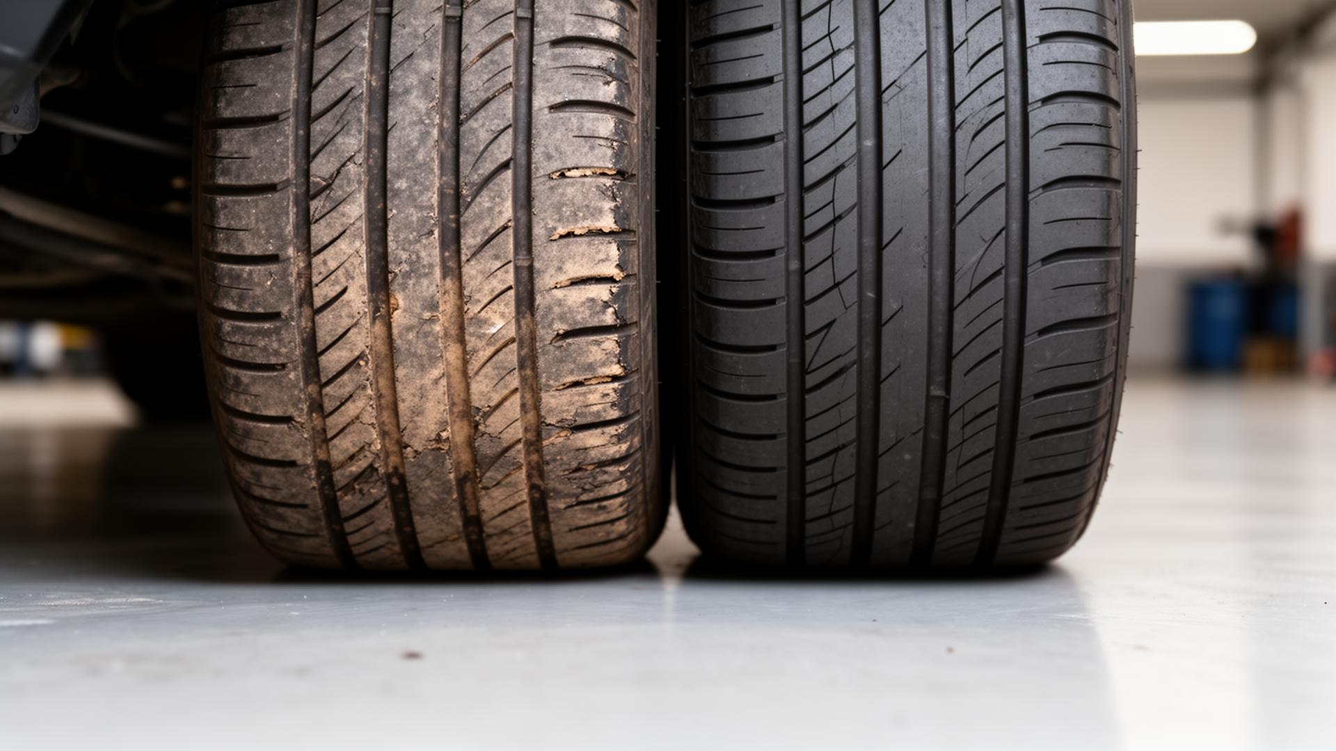 Side-by-side comparison of a worn tire tread and a brand new tire tread in a garage, illustrating tire lifespan differences