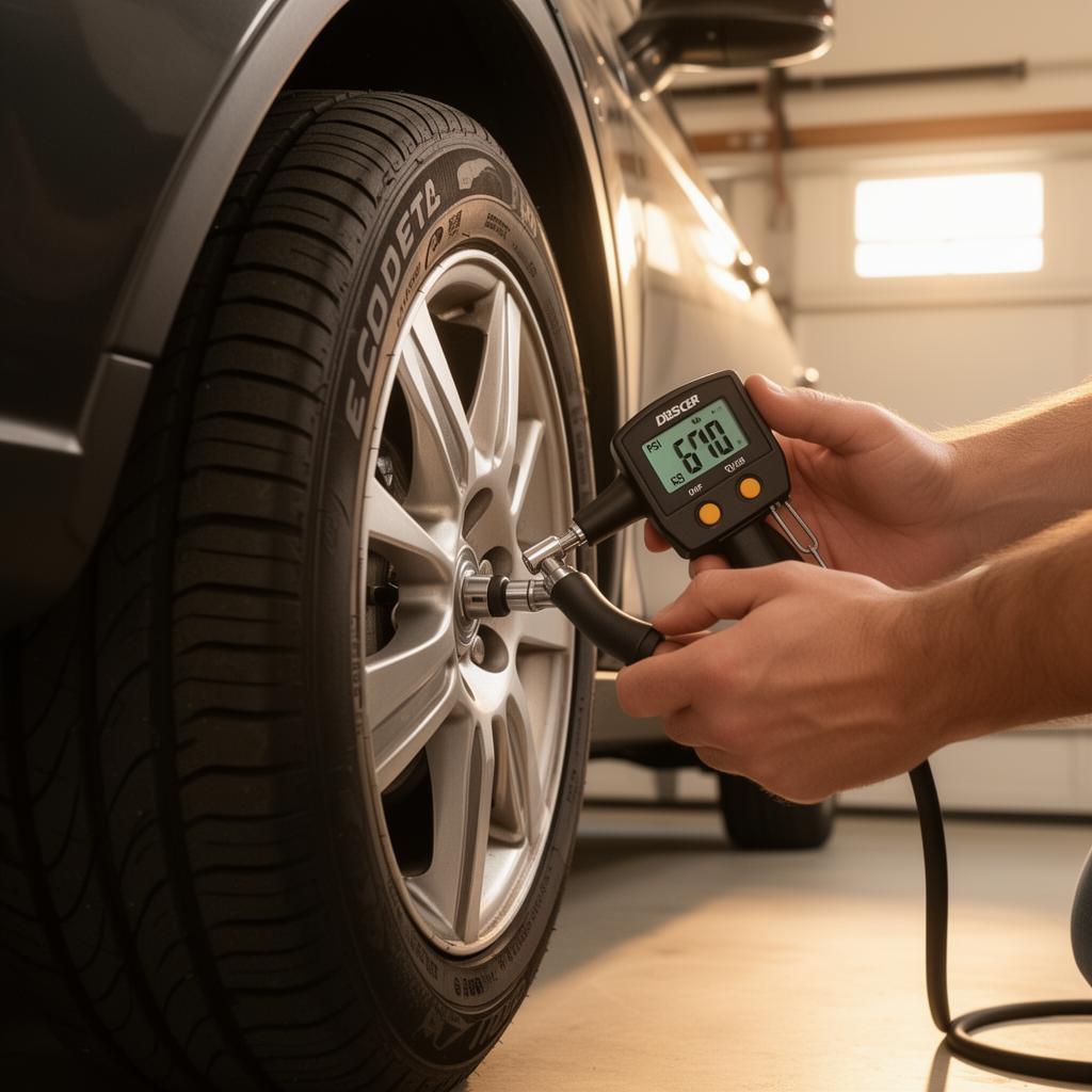 Person using a digital tire pressure gauge to check PSI on a car tire valve stem in a home garage with warm lighting