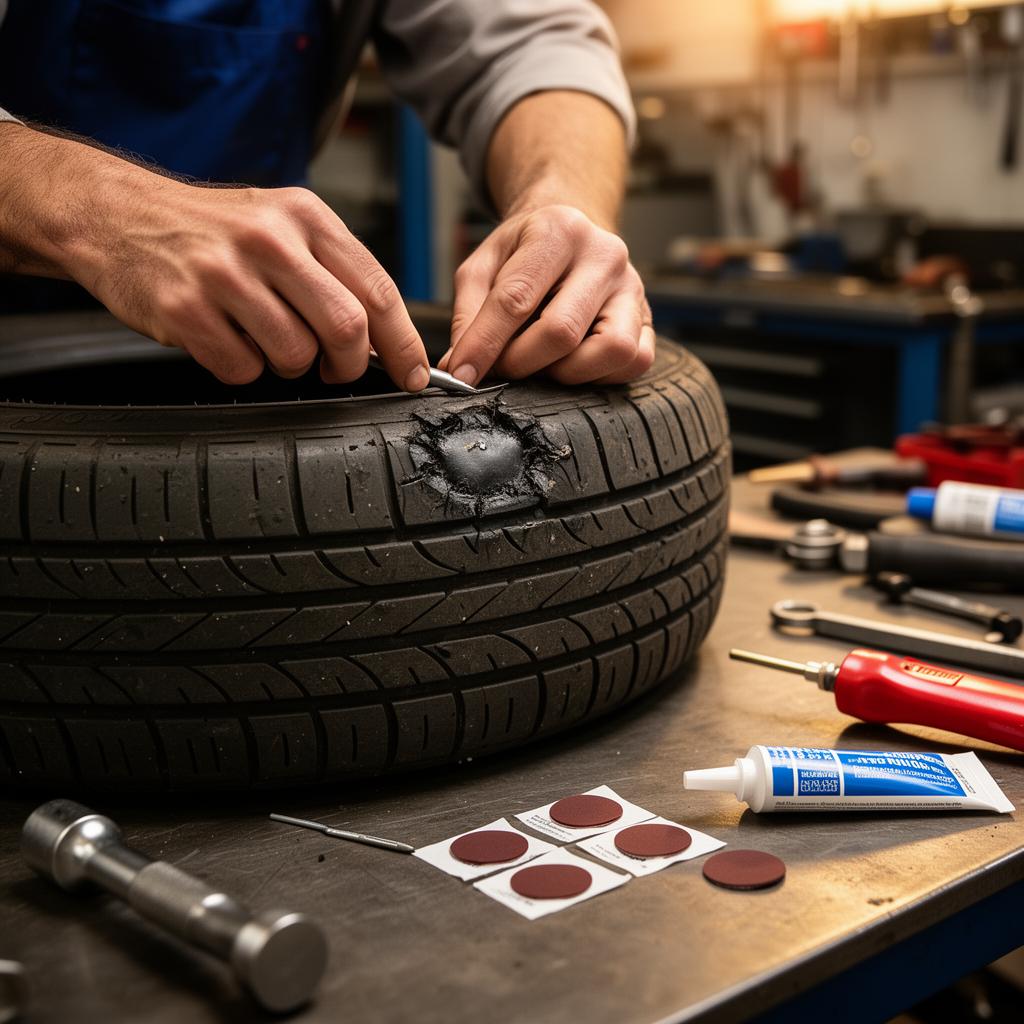 Close-up of a mechanic's hands repairing a punctured car tire on a workbench with a tire patch kit, plug tool, rubber patches, and rubber cement visible in a professional auto repair shop