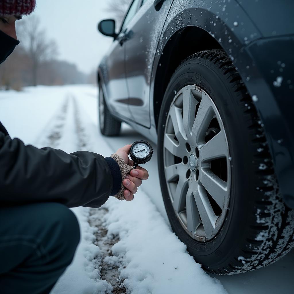 Person checking tire pressure with an analog gauge on a snowy winter day, demonstrating cold-weather tire maintenance