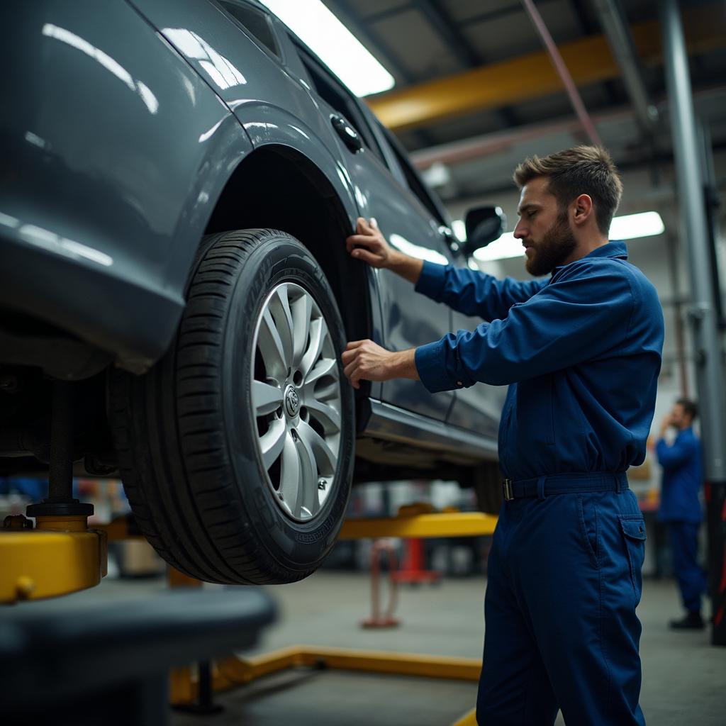 Automotive technician installing a tire on a vehicle lifted on a hydraulic jack in a professional service garage