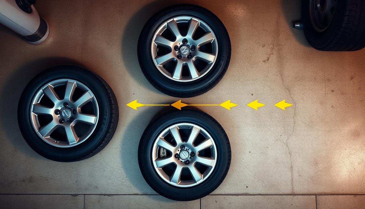 Top-down view of four car tires arranged in a tire rotation pattern diagram on a garage floor with directional arrows showing the correct rotation path