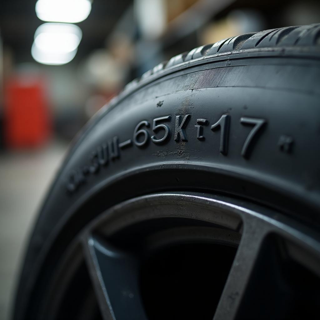 Close-up of a tire sidewall showing embossed size markings including width, aspect ratio, and rim diameter numbers