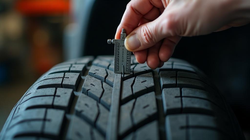 Person using a tire tread depth gauge to measure remaining tread on a car tire in a professional garage setting
