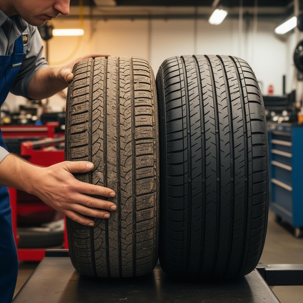 Mechanic comparing a heavily worn tire next to a brand new tire in a professional auto shop, showing the contrast between depleted and fresh tread depth