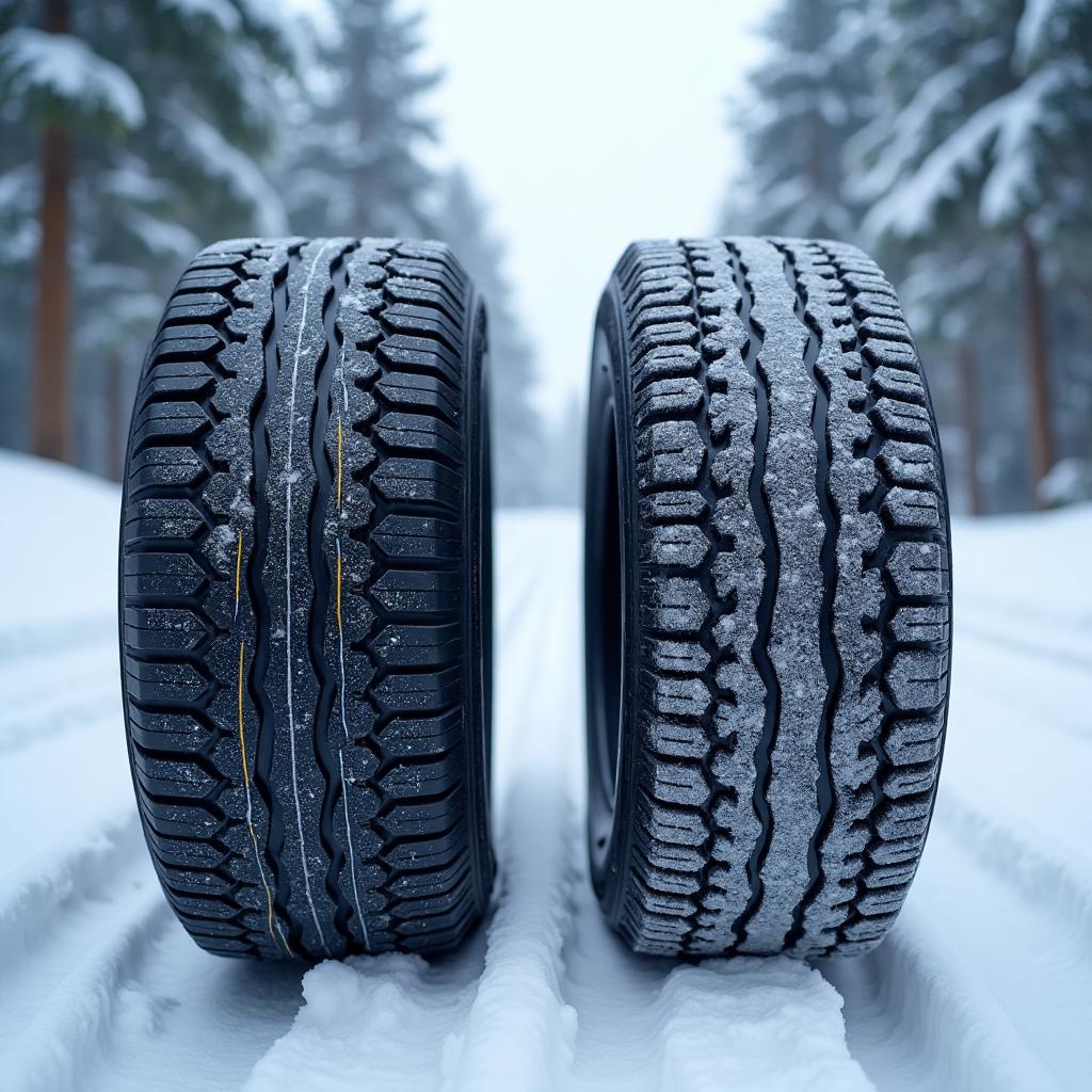 Split comparison showing a snow-covered winter tire on the left versus a dry-road all-season tire on the right, illustrating tread pattern differences
